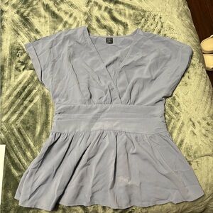 SHEIN V-Neck Batwing Sleeve Waist Pleated Runched Hem Blouse